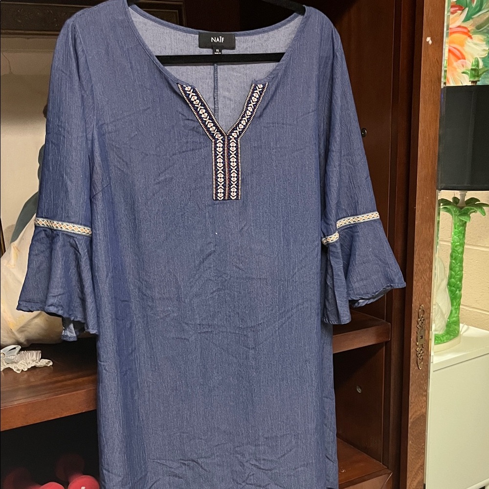 Bohemian style light weight denim dress with bell sleeves with woven trim